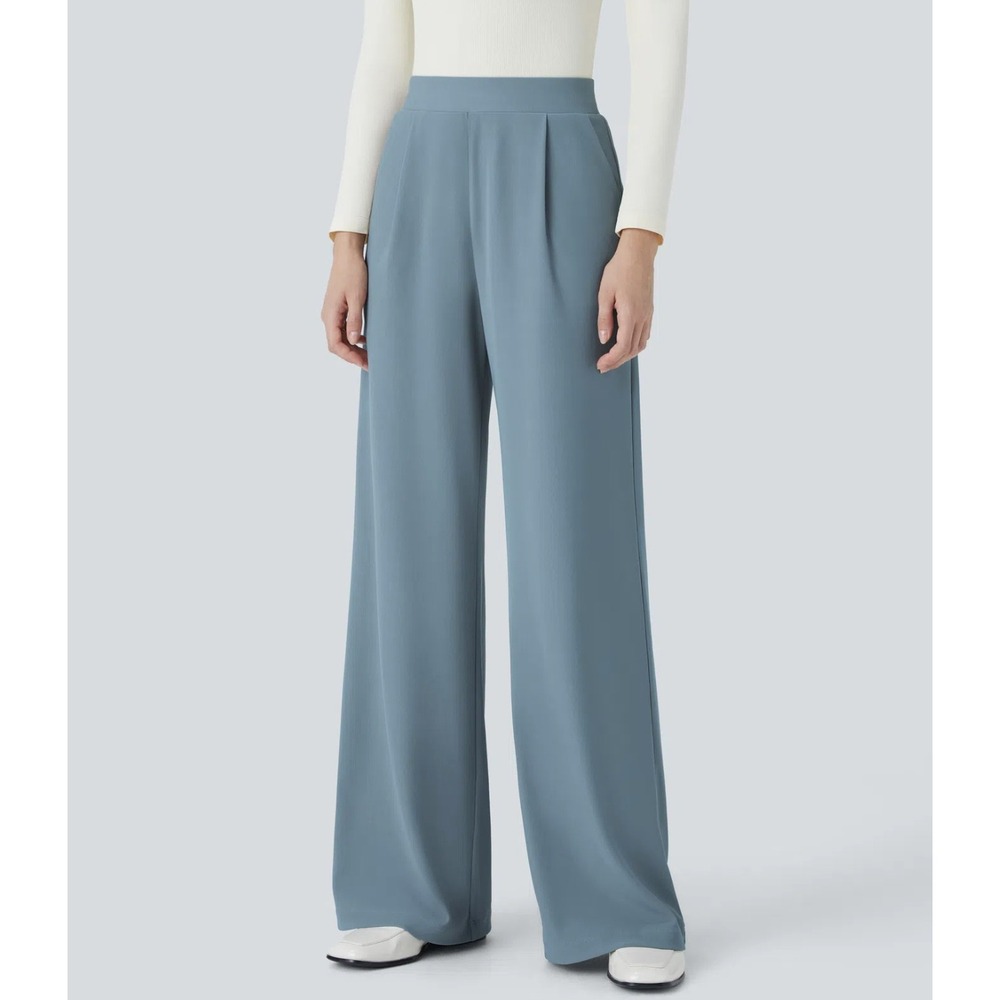 Halara Flex High Waisted Wide Leg Micro Waffle Work Pants Light Blue Size XL